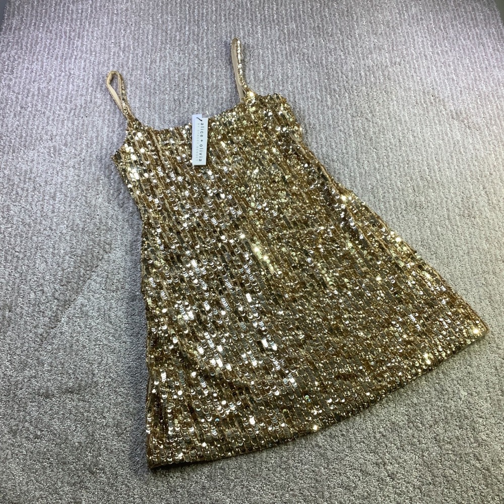 Alice + Olivia Champagne Gold Sequin Mini Dress Womens Size 6 NWT